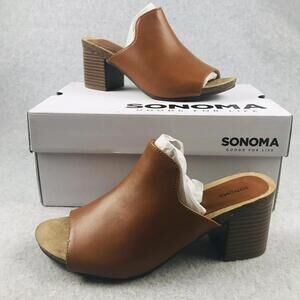 Sonoma Mules Womens Size 9 Faux Leather Peep Toe Slip On Block Chucky Heels New